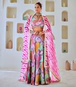 Aqua Blue Floral Embellished Lehenga Set with Leheriya Dupatta