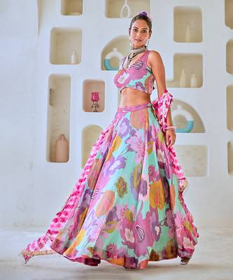Aqua Blue Floral Embellished Lehenga Set with Leheriya Dupatta 2