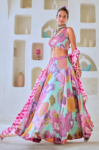 Aqua Blue Floral Embellished Lehenga Set with Leheriya Dupatta