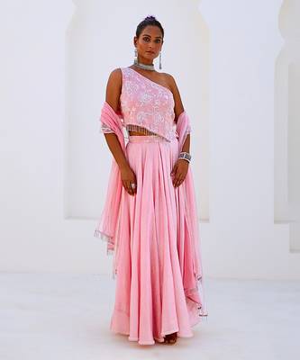 Soft Pink Embroidered Chanderi Lehenga Set with Organza Dupatta 1
