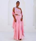 Soft Pink Embroidered Chanderi Lehenga Set with Organza Dupatta