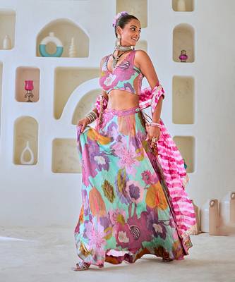 Aqua Blue Floral Embellished Lehenga Set with Leheriya Dupatta 3