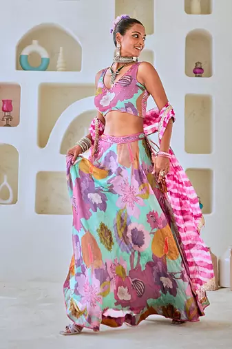 Aqua Blue Floral Embellished Lehenga Set with Leheriya Dupatta