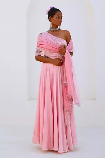 Soft Pink Embroidered Chanderi Lehenga Set with Organza Dupatta