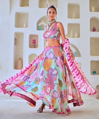 Aqua Blue Floral Embellished Lehenga Set with Leheriya Dupatta 4