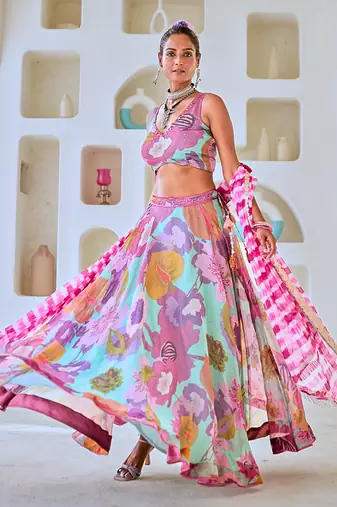 Aqua Blue Floral Embellished Lehenga Set with Leheriya Dupatta