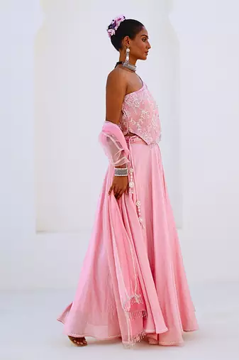 Soft Pink Embroidered Chanderi Lehenga Set with Organza Dupatta
