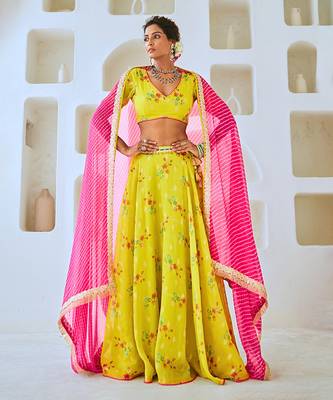 Lemon Green Tissue Chanderi Floral Lehenga Set with Leheriya Dupatta 1