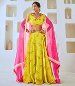 Lemon Green Tissue Chanderi Floral Lehenga Set with Leheriya Dupatta