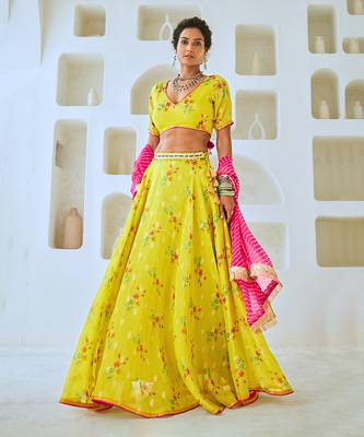 Lemon Green Tissue Chanderi Floral Lehenga Set with Leheriya Dupatta 2
