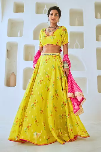 Lemon Green Tissue Chanderi Floral Lehenga Set with Leheriya Dupatta