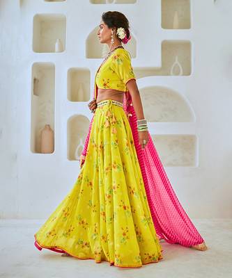 Lemon Green Tissue Chanderi Floral Lehenga Set with Leheriya Dupatta 3