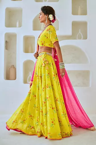 Lemon Green Tissue Chanderi Floral Lehenga Set with Leheriya Dupatta