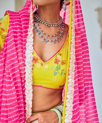 Lemon Green Tissue Chanderi Floral Lehenga Set with Leheriya Dupatta 4
