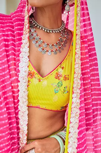 Lemon Green Tissue Chanderi Floral Lehenga Set with Leheriya Dupatta