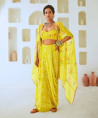Lemon Green Fusion Set with Georgette Draped Skirt & Floral Cape 1