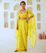 Lemon Green Fusion Set with Georgette Draped Skirt & Floral Cape