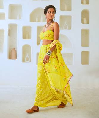 Lemon Green Fusion Set with Georgette Draped Skirt & Floral Cape 2