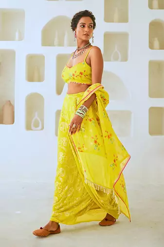 Lemon Green Fusion Set with Georgette Draped Skirt & Floral Cape