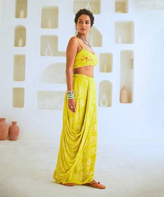 Lemon Green Fusion Set with Georgette Draped Skirt & Floral Cape 3