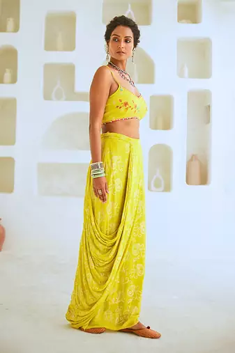 Lemon Green Fusion Set with Georgette Draped Skirt & Floral Cape