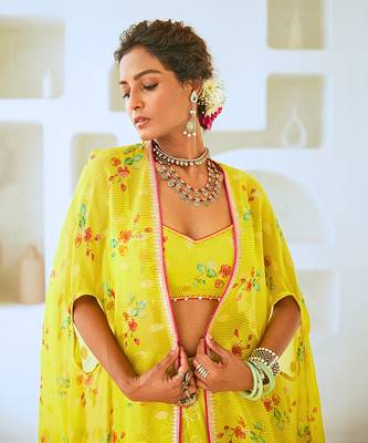 Lemon Green Fusion Set with Georgette Draped Skirt & Floral Cape 4