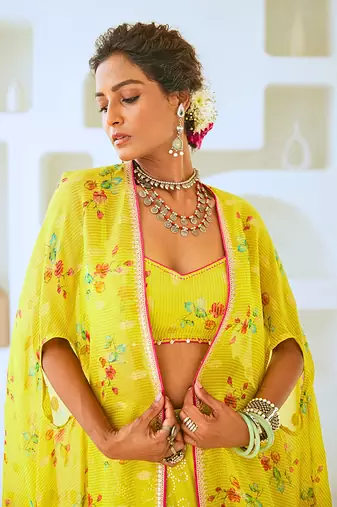Lemon Green Fusion Set with Georgette Draped Skirt & Floral Cape
