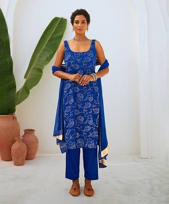 Royal blue mukaish georgette kurta set with chiffon dupatta 1