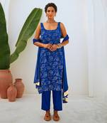 Royal blue mukaish georgette kurta set with chiffon dupatta
