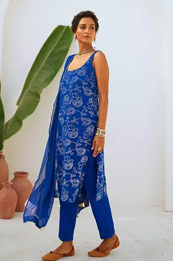 Royal blue mukaish georgette kurta set with chiffon dupatta