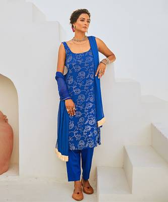 Royal blue mukaish georgette kurta set with chiffon dupatta 3