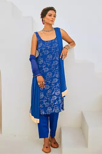 Royal blue mukaish georgette kurta set with chiffon dupatta