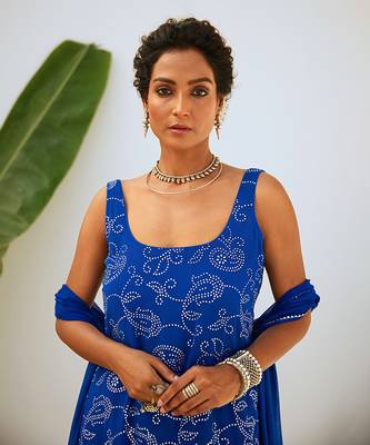 Royal blue mukaish georgette kurta set with chiffon dupatta 4