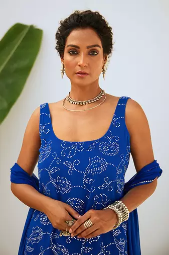 Royal blue mukaish georgette kurta set with chiffon dupatta