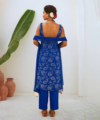 Royal blue mukaish georgette kurta set with chiffon dupatta 5