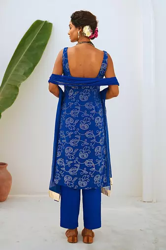 Royal blue mukaish georgette kurta set with chiffon dupatta