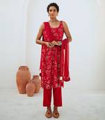 Scarlet red mukaish georgette kurta set with chiffon dupatta