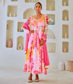 White & pink floral chiffon flared anarkali set with leheriya dupatta