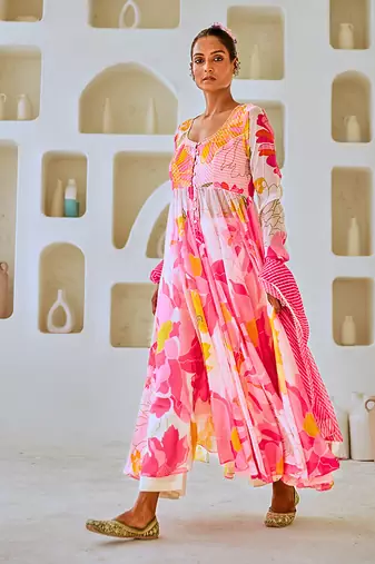 White & pink floral chiffon flared anarkali set with leheriya dupatta