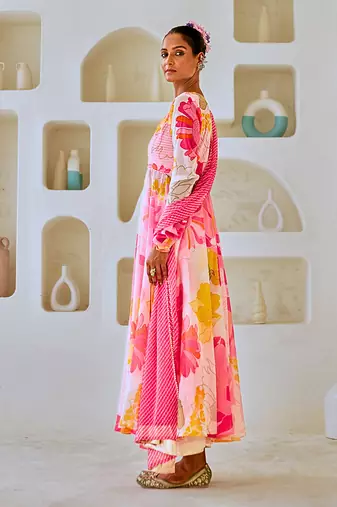 White & pink floral chiffon flared anarkali set with leheriya dupatta