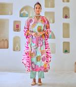 Aqua blue floral embellished tissue kurta set with leheriya dupatta