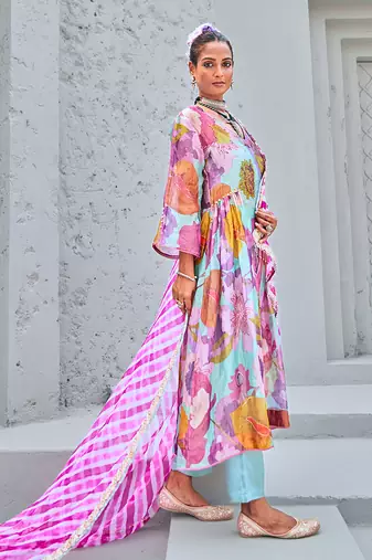 Aqua blue floral embellished tissue kurta set with leheriya dupatta