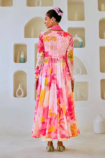 White & pink floral chiffon flared anarkali set with leheriya dupatta