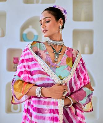 Aqua blue floral embellished tissue kurta set with leheriya dupatta 4