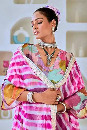 Aqua blue floral embellished tissue kurta set with leheriya dupatta