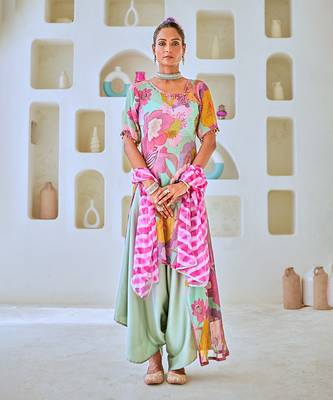 Aqua blue tissue floral printed fusion set with leheriya dupatta 1