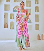 Aqua blue tissue floral printed fusion set with leheriya dupatta