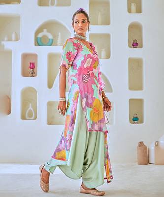 Aqua blue tissue floral printed fusion set with leheriya dupatta 2