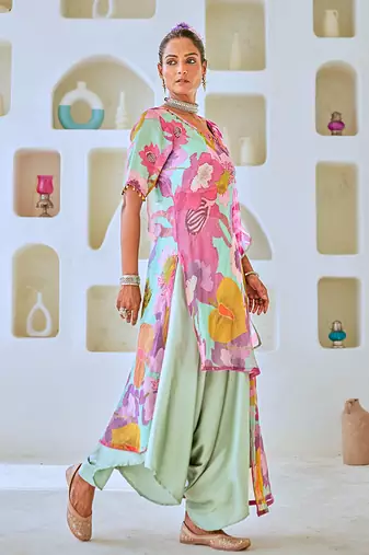 Aqua blue tissue floral printed fusion set with leheriya dupatta