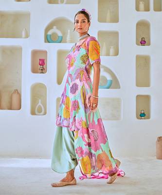 Aqua blue tissue floral printed fusion set with leheriya dupatta 3